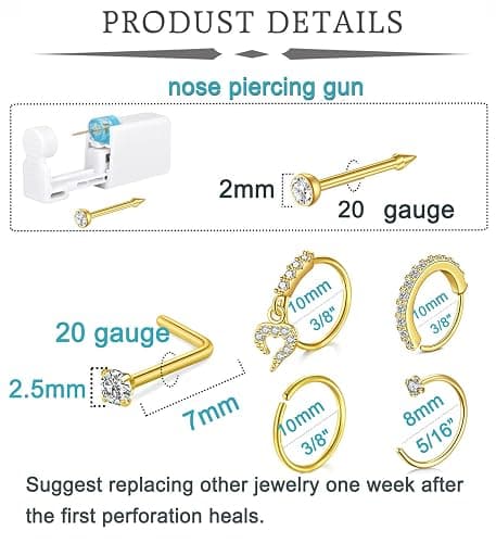 QWALIT Gold Nose Piercing Kit with Disposable Gun and Rings thumbnail 2