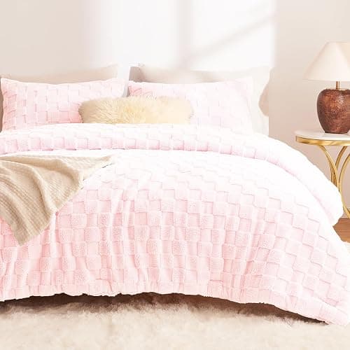 CozyLux Fleece Queen Comforter Set Blush Pink,Super Soft & Warm Fluffy Bedding with Checkered Pattern,Luxury Fuzzy Heavy Bed Set for Winter,3 Pieces,1 Comforter and 2 Pillowcases - Image 1