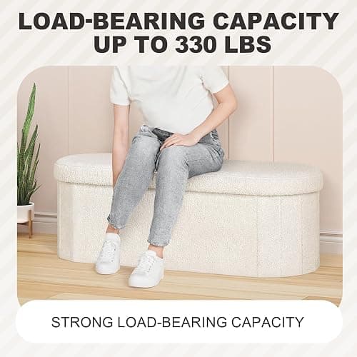 PINPLUS Storage Ottoman Bench Tufted Oval Ottomans Bench Foot Rest, Chest Box Velvet Bench with Storage, 43"x15"x15" (White) thumbnail 7
