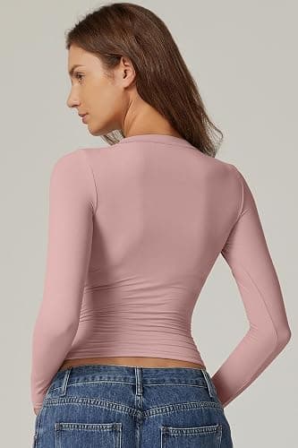 QINSEN Womens Crewneck Long Sleeve Shirt Double Lined Basic Tees Side Ruched Going Out Crop Tops thumbnail 2