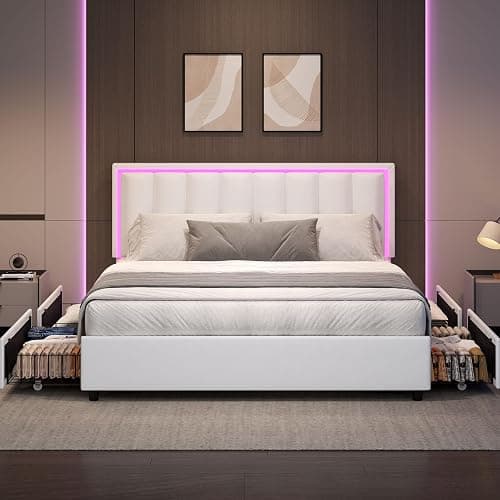 IMMERSTABLE Full Size Bed Frame with 4 Storage Drawers, Upholstered Bed Frame Full with LED Headboard, RGB LED Lights, Heavy Duty Wood Slat Support, No Box Spring Needed, Easy Assembly, White thumbnail 7