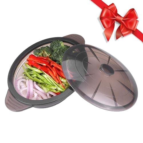 Microwave Steamer Cooker Collapsible Bowl Silicone Baked Potato Cookware with Handle Lid for Vegetables Fish Prep Meal Food with Removable Rack BPA Free Easy to Store Freezer Dishwasher Safe Black - Image 1
