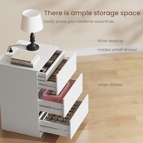 Nightstand Set of 2, 4 Drawers, 26" H with Hidden Drawer, Bedside Table with Charging Station, Modern Night Stand for Bedroom, White thumbnail 4