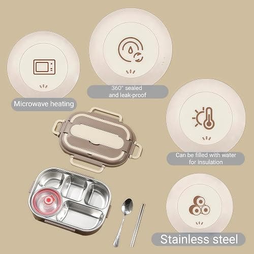 Adult Lunch Box Set, Five Compartments, Stainless Steel Construction, Easy to Clean, Heats Food by Adding Hot Water. thumbnail 3