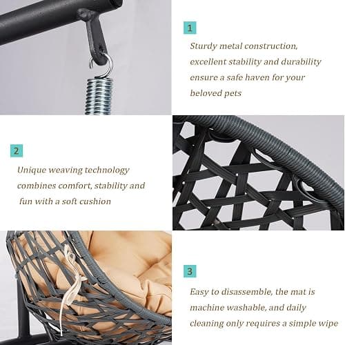 anwickjeff Cat Swing Bed with Steel Stand - Egg Chair with Rattan Wicker & Soft Cushion, Indoor Hanging Pet Bed for Kitten, Puppy, Small Dogs (Brown) thumbnail 8