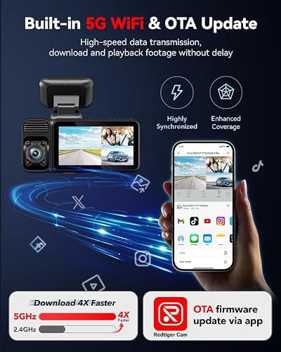 REDTIGER F17 4K 3 Channel Dash Cam, 5GHz WiFi Built-in GPS with 64GB Card, 2160P+1080P+1080P Front and Rear Inside, Triple Car Camera with 3 Inch Screen, IR Night Vision, G Sensor, WDR, Parking Mode thumbnail 4