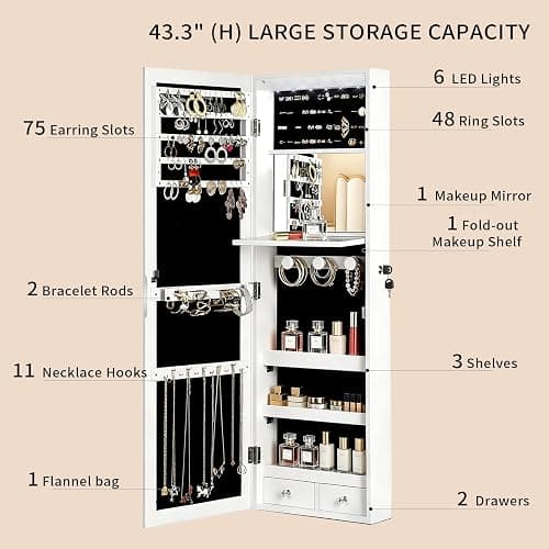 AnSafity Lockable Jewelry Cabinet Organizer with Full Length Mirror, 6 Auto LED Lights, Wall & Over Door Mount Jewelry Armoire with Earring Slots, Necklace Hooks, Foldable Makeup Shelf thumbnail 5