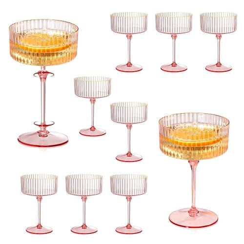 XUWAIDSGN 12 Pcs Champagne Martini Glasses 9 Oz with Gilded Removable Gold Rim Coupe Glasses Pink Martini Glasses Plastic Mimosa Vintage Coupe Glasses Set For Wedding Anniversary (12, Ribbed Pink) - Image 1