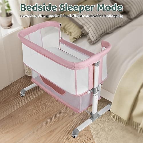 Cowiewie Bassinet Bedside Sleeper, Portable, Breathable, Adjustable Baby Bedside Bassinet for Peaceful Nights, Pink thumbnail 8