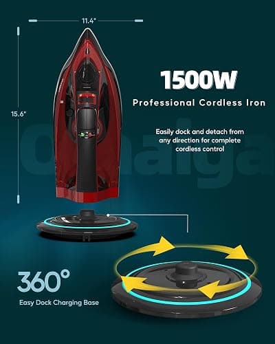 OMAIGA Cordless Iron for Clothes - 1500W Steam Iron with Non-Stick Ceramic Soleplate, Rapid Heating, Auto Shut Off, Burst of Steam, Self-Clean, Anti-Drip, Anti-Calc, 3 Temperature Settings, Red thumbnail 2