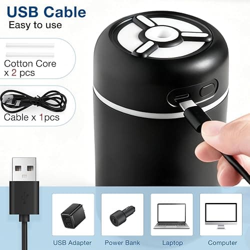 Portable Mini Humidifier, 300ml USB Cool Mist Small Humidifier with Colorful Lights. Perfect for Bedroom, Office, Plants, travel & Car (Black) thumbnail 7