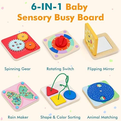 Ancaixin 6-in-1 Montessori Busy Board for 1 Year Old, Magnetic Sensory Toys for Toddler, Wooden Activity Busy Board for 12+ Months Baby, Fine Motor Skills Toys for Boys & Girls, Birthday Gifts 1 2 3 thumbnail 3