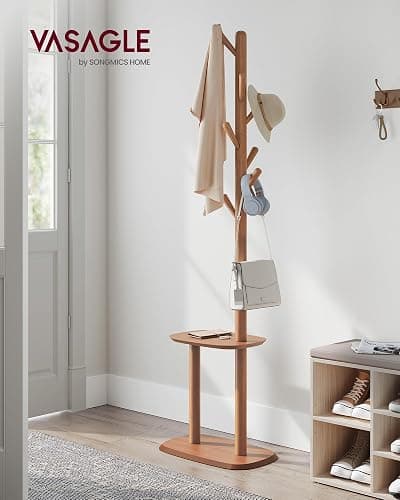VASAGLE Coat Rack, Free Standing Coat Stand, Hall Coat Tree with 8 Hooks and Storage Shelf, 67.2 Inch Tall, for Coats, Hats, Bags, for Entryway, Hallway, Bedroom, Caramel Brown URCR040K01 thumbnail 2