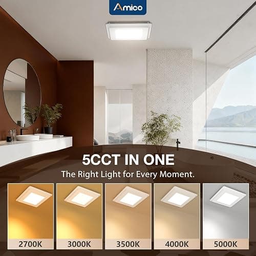 Amico Bathroom Exhaust Fan with Light, 80 CFM, 0.9 Sones, 1000LM, 5CCT, Easy Install, Ceiling Mount Shower Bathroom Fan, Adjustable Exhaust Vent with light, UL Certified thumbnail 3