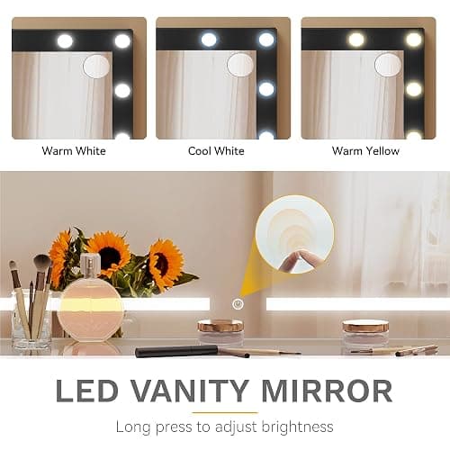 DWVO Glass Top Makeup Vanity Desk, 46" Vanity Set with Mirror and Lights, 10 Storage Drawer, Power Outlet, Chair, Makeup Table Set with Magnifying Glass thumbnail 3