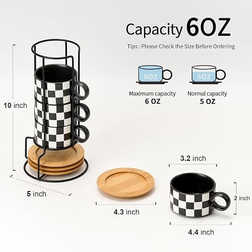 LUKA 6 Ounce Ceramic Stackable Black and White Checkered Espresso Cups with Saucers and Metal Stand Set of 4, Cappuccino Cups Set for Coffee Drinks, Latte, Cafe Mocha and Tea, Black Interior thumbnail 3