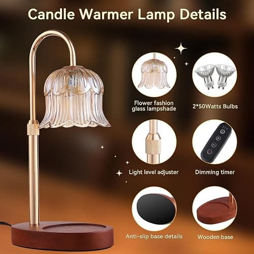 Candle Warmer Lamp with Timer and Dimmer, Adjustable Height Electric Candle Warmer Flower Lamp Wax Melt Warmer for Jar Candles - Birthday Christmas Gifts for Women Mom Home Living Bedroom Decor thumbnail 7