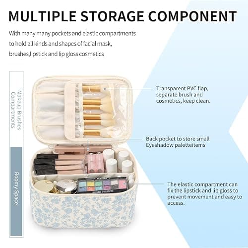 OCHEAL Makeup Bag Portable Cosmetic Bag For Women, Large Capacity Travel Makeup Case Organizer, Toiletry Bag for Girls Traveling With Handle and Divider-Flowers thumbnail 3