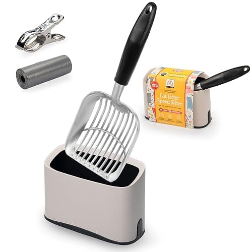 Heavy Duty Full Metal Cat Litter Scoop with Holder - Speed Sifter Litter Box Scooper Captures All Clumps - Kitty Litter Sifting Shovel Comfy Handle - Cat Scooper Includes Litter Bags & Non-Slide Clip - Image 1