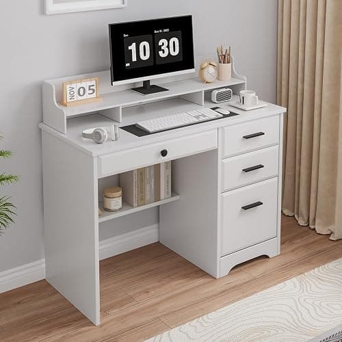4 EVER WINNER White Desk with Drawers, 44 Inch Small Computer Desk with File Drawer and Monitor Stand, Wood Desk with Storage Shelf for Small Spaces, Living Room, Bedroom, White thumbnail 7