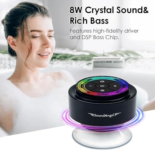 SoundAngel Mate(2 Gen) Bluetooth Shower Speaker, Certified IPX7 Waterproof, 8W Crystal Sound&Rich Bass, 12H Playtime, Christmas Stocking Stuffers for Teens Women Men, White Elephant Gifts (Line Light) thumbnail 3