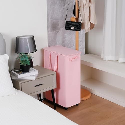 Vincona Slim Laundry Hamper with Lid and Wheels, Small Rolling Laundry Basket with Handle for Small Spaces, Tall Dirty Clothes Hampers for Dorm, Bathroom and Bedroom, 75L, Pink thumbnail 2
