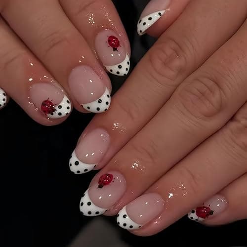 24 Pcs Polka Dot French Tip Press on Nails Short Oval Fake Nails 3D Red Ladybug Designs Stick On Nails Kit Black Polka Dot Acrylic False Nails Press ons Ladybug Full Cover Artificial Nails for Women - Image 1