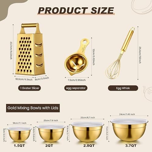 LemonRoad 8 Pcs Gold Kitchen Accessories Set Includes 1.5/2/2.8/3.6 Qt Gold Mixing Bowls with Airtight Lids, 1 Set Stainless Steel Measuring Cups, Grater Slicer with Handle, Egg Beater, Egg Separator thumbnail 3