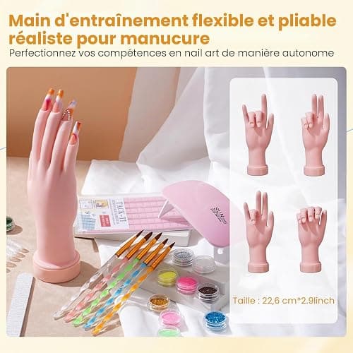 Kit Ongle Acrylique Gel Complet avec Main D'entrainement & Sac de Rangement | Poudre Acrylique Pour Ongles avec Poudres Acryliques, Lampe UV/LED, Ponceuse,12 Paillettes, D'autres Outils pour Débutantes thumbnail 5