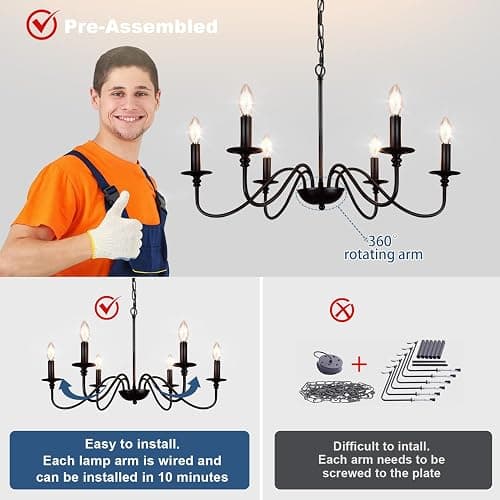 Depuley Farmhouse Chandelier for Dining Room: 6-Light Black Industrial Kitchen Island Pendant Light Fixture - Rustic Candle Chandeliers Vintage Modern Hanging Ceiling Lamp for Bedroom Foyer thumbnail 3