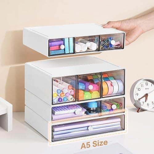 FODIENS Desk Storage Organizer with 9 Drawers, 4 Tiers Stackable Desktop Craft Storage Drawers, Clear Storage Box Caddy for Stationary Makeup Jewelry Office Craft Supplies (White) thumbnail 2