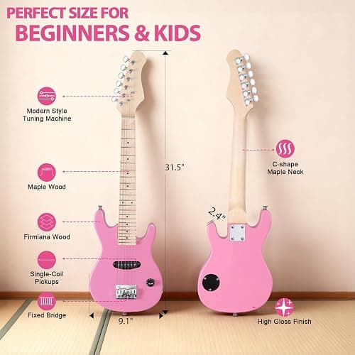 Saicool 30" Electric Guitar Beginner Kits, Beginner Electric Guitar with 5W Amp and Accessories Pack Guitar Bag for Beginners, Pink thumbnail 3