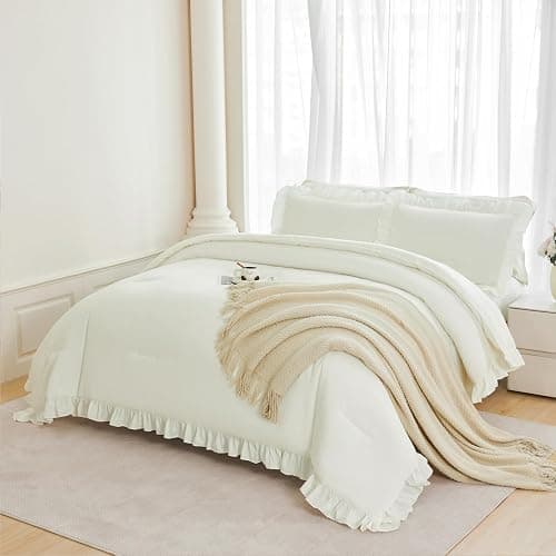 ANGIYUIN 5Pcs Full Szie Comforter Set Ivory Ruffle Bed in A Bag with Sheets Beige Farmhouse Aesthetic Bedding Comforter Set Soft Fluffy Bed Sets for Kids Teens(Ivory Full) thumbnail 2