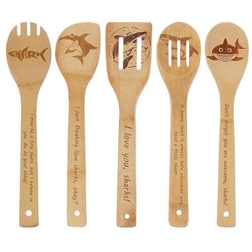 5PCS Shark Wooden Cooking Spoons Kitchen Decor Shark Gifts for Women Men Shark Lovers Birthday Gifts Party Favors Housewarming Wedding Bamboo Cooking Spoons for Everyday Use - Image 1
