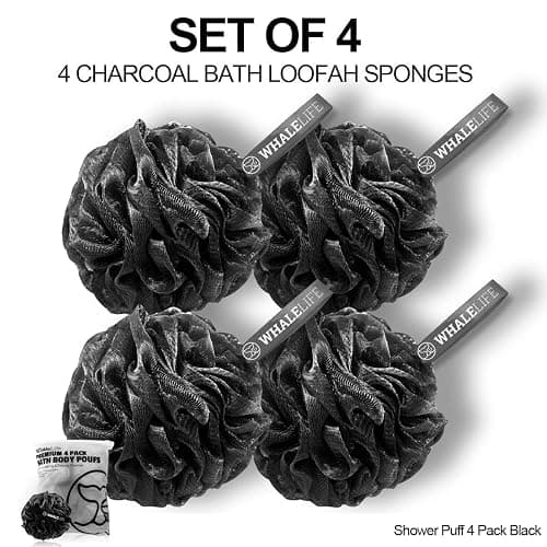 WhaleLife Bath Loofah Sponge for Shower - Body Scrubber 4-Pack Black | 10X Suds Save Body Wash Double Knotted Anti Tear Core Fast Dry Cotton Loop Stay Fresh Large Mesh for Sensitive Skin thumbnail 2