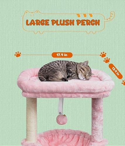 SYANDLVY Small Cat Tree for Indoor Cats, Activity Cat Tower with Scratching Post for Kittens, Modern Cat Furniture with Basket & Hanging Ball for Play Rest, Pink thumbnail 4