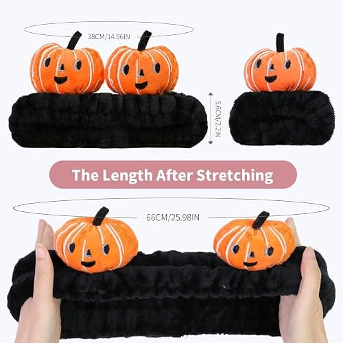 FlyingMage Kawaii Spa Headband and Wristband Set for Women Girls, Cute Halloween Skincare Headbands for Face Washing, Fluffy Makeup Headband for Washing Face, Bath, Shower and Beauty, Black Pumpkin thumbnail 5