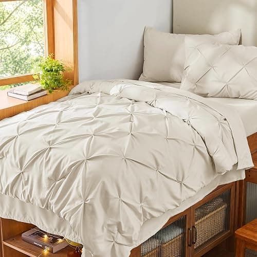 Sasttie Twin Comforter Set, 5-Piece Bed in a Bag, Pintuck Bedding Sets for All Season, Includes Comforter, Flat Sheet, Fitted Sheet, Pillowcase and Pillowsham, Beige thumbnail 6