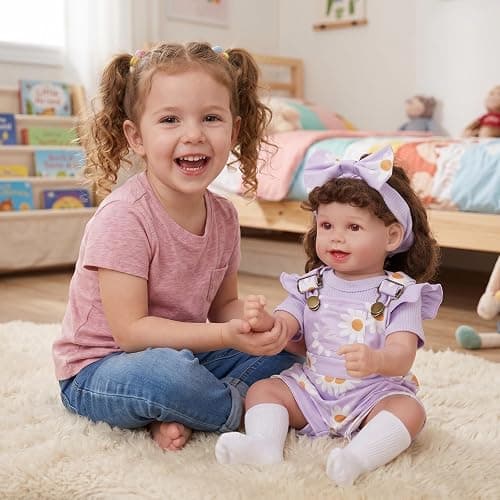 BABESIDE 4 Pcs Reborn Baby Doll Clothes Set for 17-22 Inch Baby Dolls | Cute Purple Flower Baby Doll Overalls Lifelike Reborn Baby Doll Accessories with Headband and Socks for Realistic Dolls Girl thumbnail 2