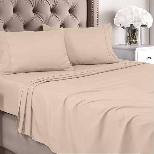 Utopia Bedding Queen Sheet Set - Brushed Microfiber - Soft Bed Sheets for Queen Size Bed Set - Includes 1 Fitted, 1 Flat, & 2 Pillow Cases - Deep Pocket (Beige) - 03 - Beige - Queen - Image 1