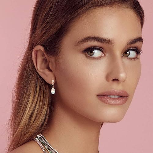 Teardrop Austrian Crystal Drop Clip On Dangle Earrings for Women Non Pierced 14K Rose Gold Plated Hypoallergenic Jewelry thumbnail 7