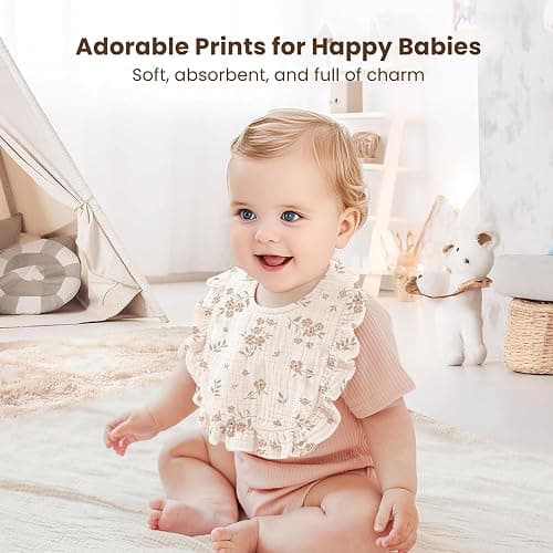 Konssy Muslin Baby Bibs for Girls – Soft 100% Cotton Drool Bibs, Ruffle Trim for Newborns & Toddlers 0-36 Months 3-Pack thumbnail 5