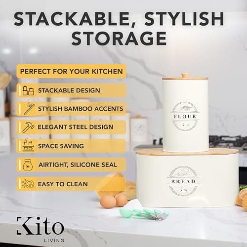 Kito LIVING Canisters Sets for Kitchen Counter Storage and Organization with Wooden Bamboo Lids, Food Pantry Containers, Stackable Steel Storage Bins, Airtight Bread and Flour Containers - Cream - Cream - Bread, Flour thumbnail 5