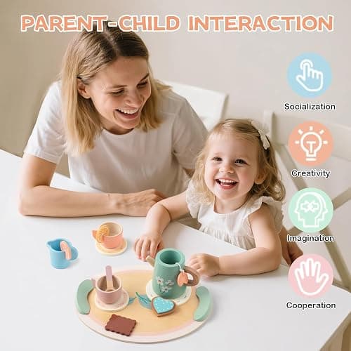 KDSFT Tea Party Set for Little Girls, Wooden Kids Tea Set with Teapot Cups Coasters Carrying Dessert, Picnic Outdoor Toys Pretend Play Kitchen Accessories for 3 4 5 Years Old thumbnail 3