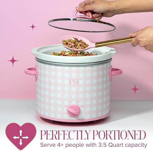 Paris Hilton 3.5-Quart Manual Slow Cooker, Features Three Settings (Low, High, Warm), Naturally Nonstick and Dishwasher Safe Stoneware Insert, Family Sized Capacity, Gingham Pink thumbnail 3