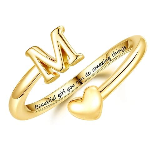 Turandoss Initial Heart Rings for Teen Girls Kids Gifts Trendy Stuff | 6-16 Year Old Teen Girls Kids Birthday Gifts, 14K Gold Plated, Initial Letter A-Z Adjustable Ring, Personalized Kids Rings - Image 1