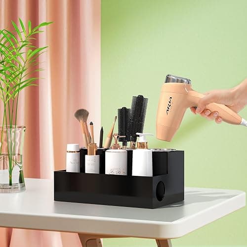 PITBVO Hair Tool Organizer, Black Acrylic Hair Dryer Holder with 3 Cups, Bathroom Supplies Countertop Blow Dryer Holder, Vanity Caddy Storage Stand for Accessories, Makeup, Toiletries thumbnail 5