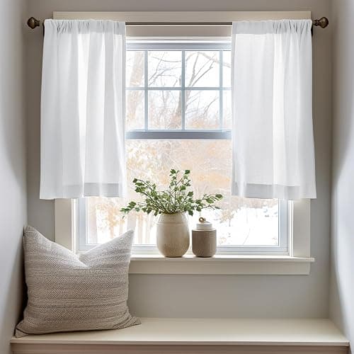 jinchan Linen Textured Tier Curtains 24 Inch for Kitchen Windows Farmhouse Cafe Curtains Small Drapes Rustic Light Filtering Half Window for Living Room Laundry Rod Pocket 2 Panels White thumbnail 3