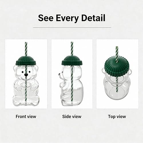 gaulofo 20oz Bear-Shaped Glass Cup, Cute Reusable Glass Tumbler with Lid and Straw for Coffee, Milk Tea, Birthday & Holiday Gift (Green) thumbnail 6