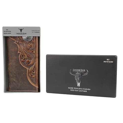 American Bison Tooled Side Rodeo Wallet with Conchos – Oil Pull Up – Durable, Stylish & RFID Protected (Long Horn, Brown) thumbnail 8